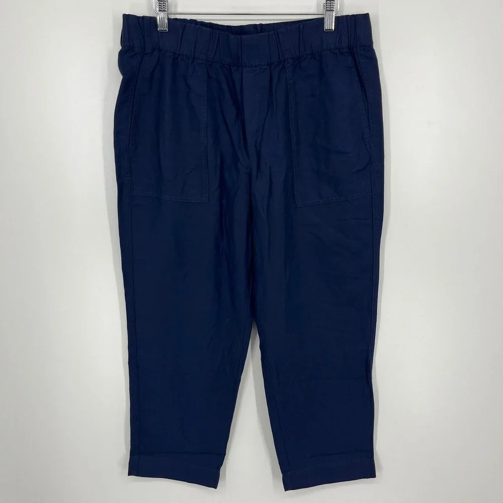 Banana Republic Womens Tapered Crop Pant Navy Blue Linen Blend Large 1868296 NWT